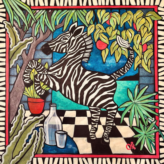 Le zèbre de ma terrasse — Toile originale Olf | Acrylique 100×100 cm