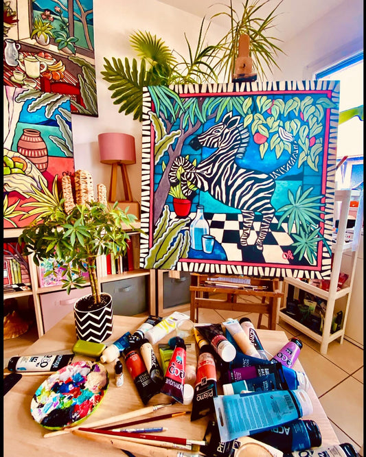 Le zèbre de ma terrasse — Toile originale Olf | Acrylique 100×100 cm