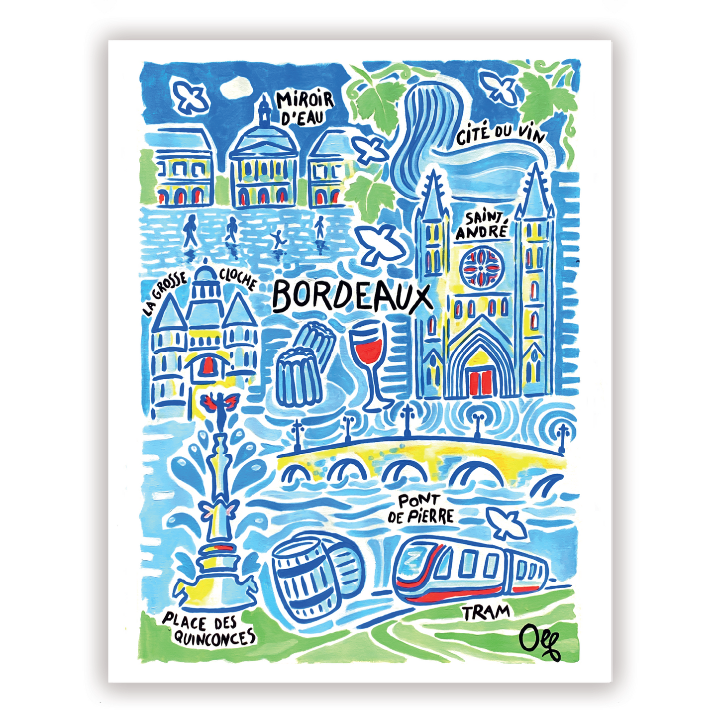 Affiche Bordeaux — peinture acrylique originale Olf, fond blanc