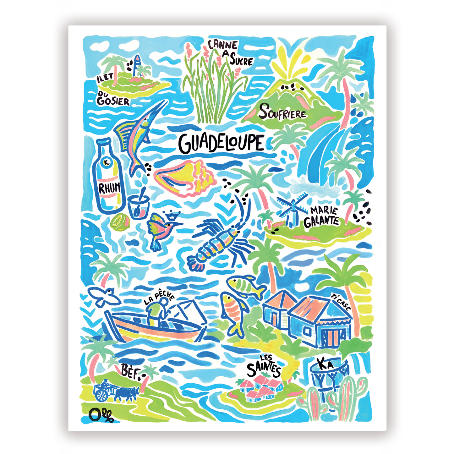 Affiche Guadeloupe — peinture acrylique originale Olf, fond blanc