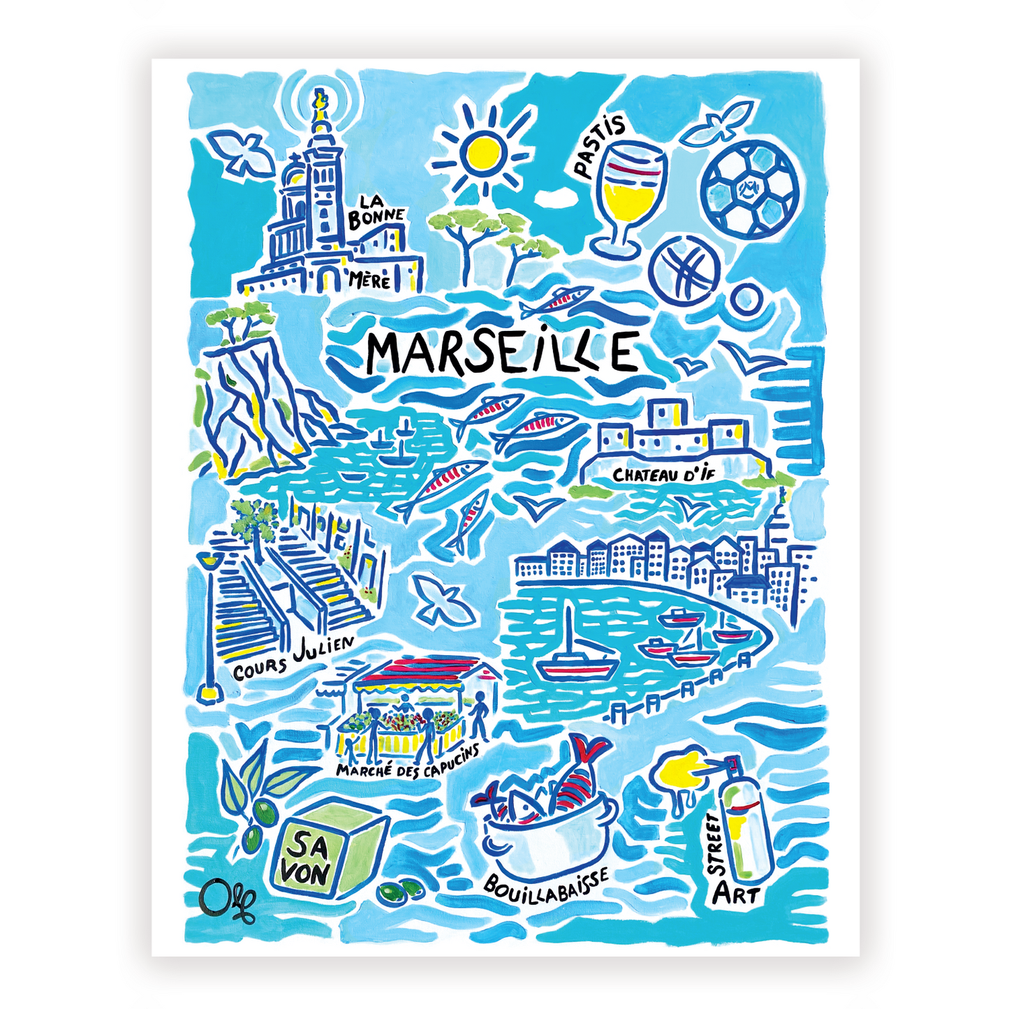 Affiche Marseille — peinture acrylique originale Olf, fond blanc