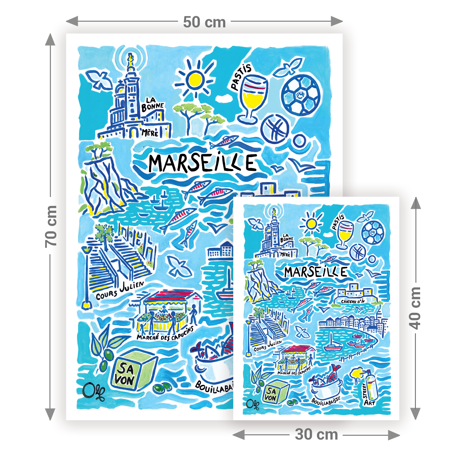 Formats affiche Marseille — 30x40 cm et 50x70 cm Olf Art & Affiches