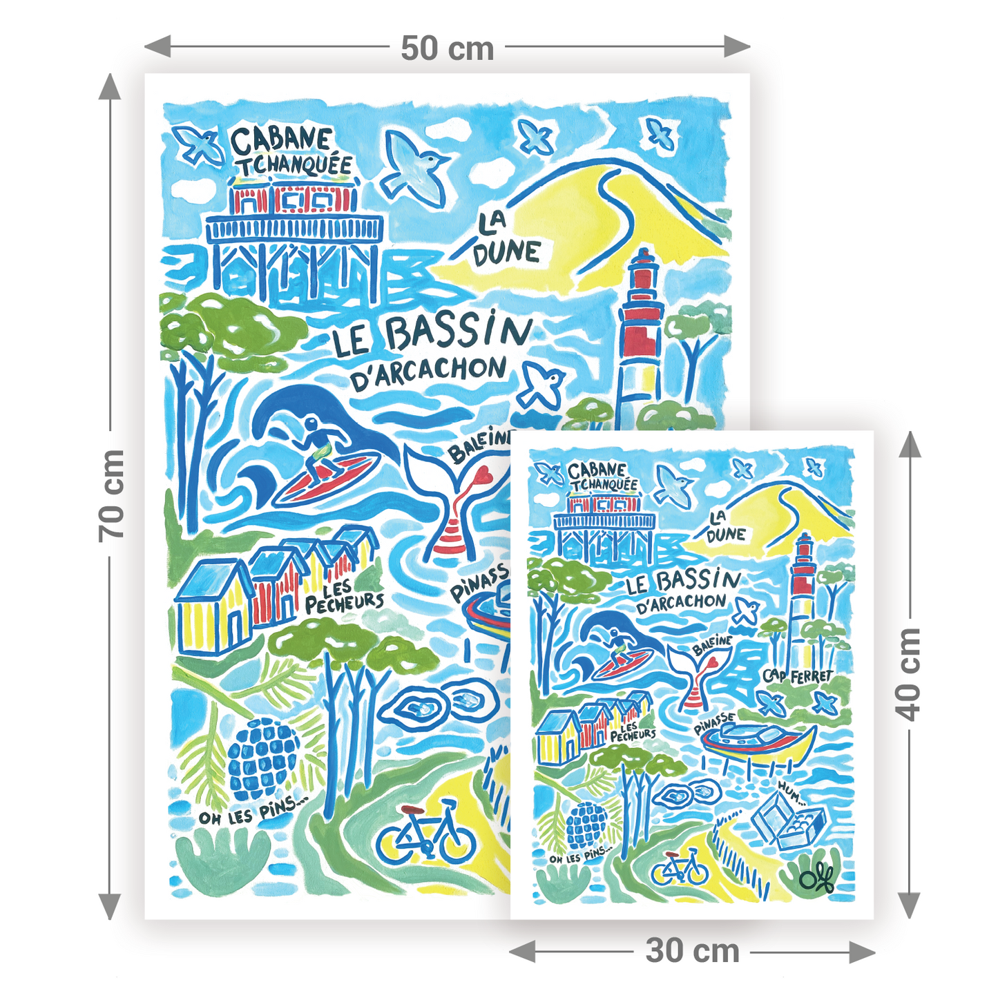 Formats disponibles affiche Bassin d'Arcachon — 30x40 cm et 50x70 cm