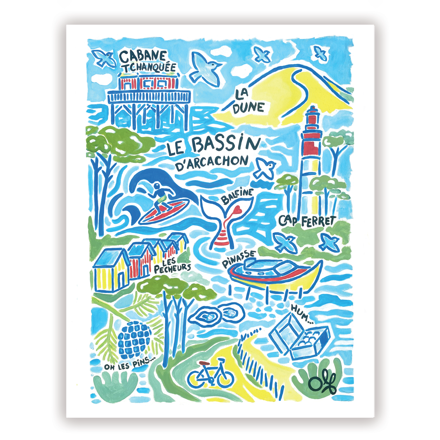 Affiche Bassin d'Arcachon — peinture acrylique originale Olf, fond blanc