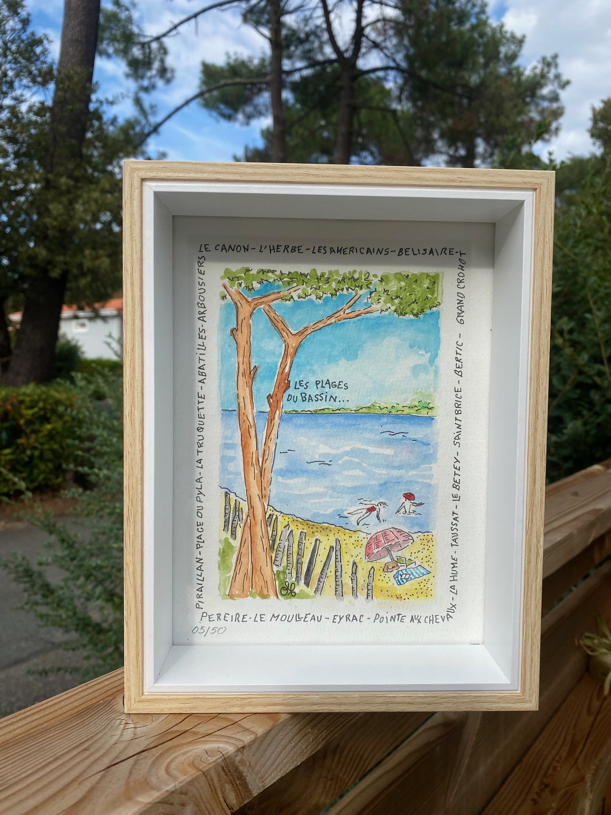 Aquarelle Les plages du Bassin d'Olf, pin et parasol, encadrée bois